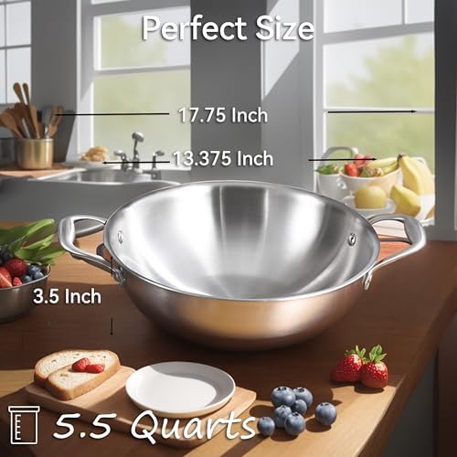 LOLYKITCH 13-Inch Stainless Steel Wok with Lid | 5.5-Quart | Dual Handles