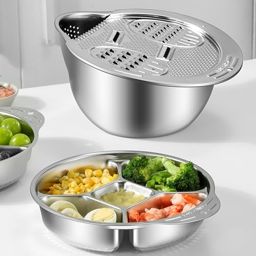 Rice Washer Strainer Bowl with Vegetable Divider Tray, Stainless Steel Rinser Washing Bowl, Small Colander Rice Strainer Versatile Kitchen Tool for Quinoa, Vegetables, Fruits, Beans Cleaning