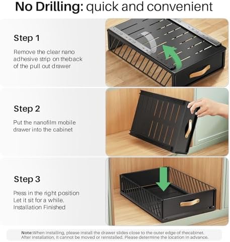 Pull out Cabinet Organizer,Heavy Duty Slide out Pantry Shelves Drawer Storage with Adhesive Nano Film,Sliding Mesh Cabinet Basket with Handle for Kitchen, Bathroom, Home, 13.8"W X 21"D X6.2"H,Black