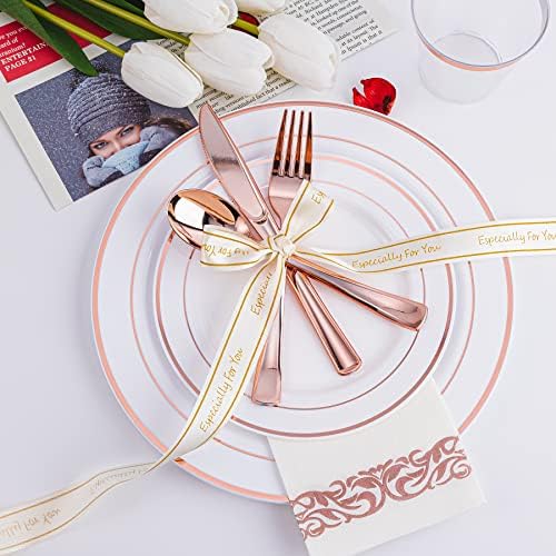N9R 300PCS Rose Gold Plastic Silverware, Disposable Cutlery & Utensils