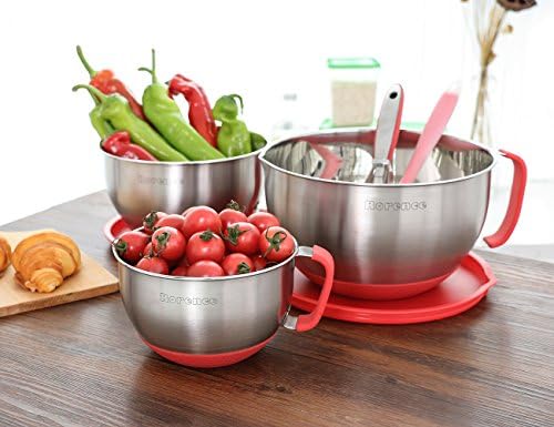 Rorence Stainless Steel Mixing Bowls Set with Lids,1.5,3 & 5 Qt,Red