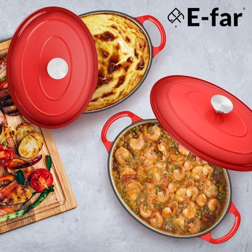 E-far 7QT Oval Dutch Oven Pot with Lid, Red Enameled Cast Iron Dutch Oven