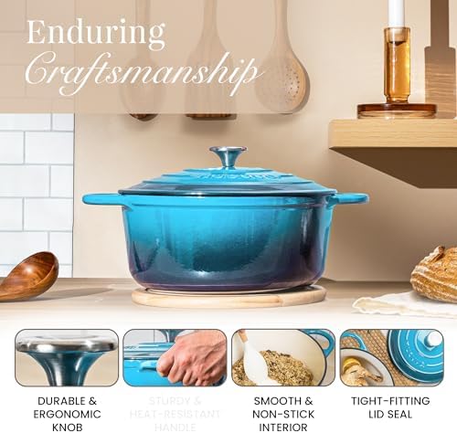Nuovva Enamelled Cast Iron Dutch Oven Pot with Lid 6.4 Quart Non Stick Casserole Pot-Heavy Duty & Oven Safe up to 500° F for Bread Baking, Braising, Stews, Roasting - 28cm Light Blue