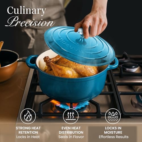 Cast Iron Pot with Lid - Non-Stick Ovenproof Enamelled Casserole Pot, Oven Safe up to 500° F-Sturdy Dutch Oven Cookware - Blue, 5-Quart, 24cm-by Nuovva