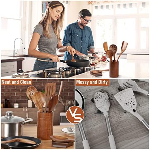 Mooues 12 Piece Wooden Spoons for Cooking, Wooden Utensils for Cooking with Utensils Holder, Natural Teak Wooden Kitchen Utensils Set with Wooden Spoon Rest, Comfort Grip