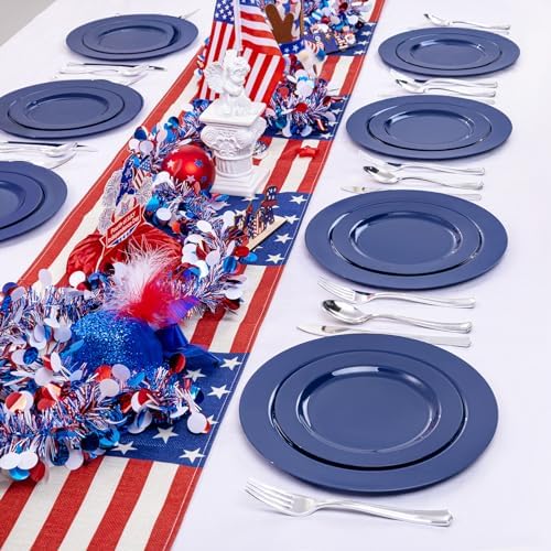 FLOWERCAT 60PCS Blue Plastic Plates - Heavy Duty Blue Plates Disposable (10.25" & 7.5") - serve for 30guest Birthday Party/Wedding/4th of July