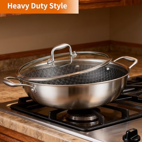 DELARLO 13 Inch Stainless Steel Nonstick Wok Pan with Lid 5.5Qt Pot