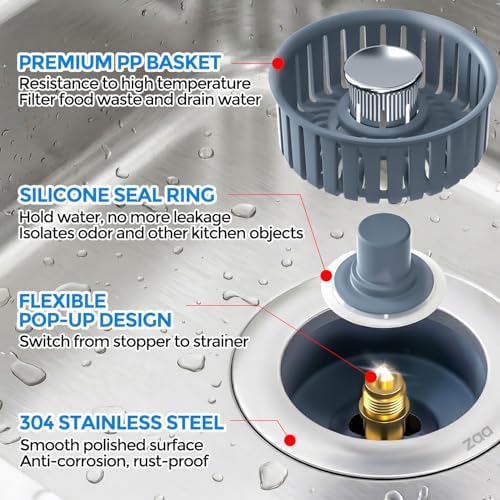 zaa 3 in 1 Kitchen Sink Drain Strainer Stopper Removable Basket Pop-Up