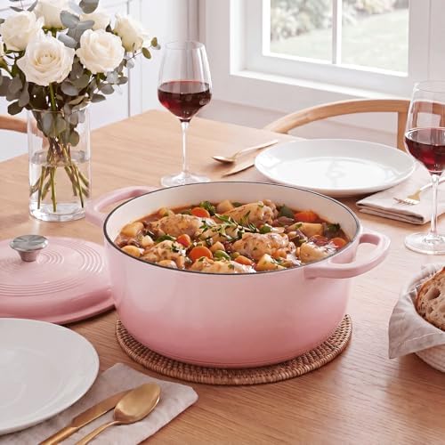 NEWBULIG Cast Iron Dutch Oven, 6 Quart Enamel Dutch Oven Pot with Lid, Heavy Duty Cookware for Sourdough Bread, Braising, Stews, Roasting, Safe up to 500°F, Pink