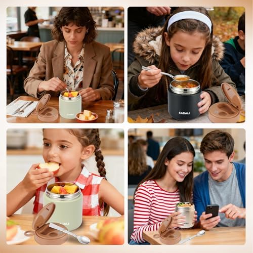 Eadali 15.2oz Kids Food Jar for Hot Food – Vacuum Insulated Lunch Container with 316 Stainless Steel Interior, Leakproof Wide Mouth & Foldable Spoon for School Meals