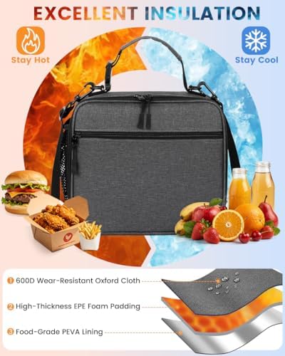 Insulated Lunch Box for Men Small, Grey Mens Lunch Bag with Strap