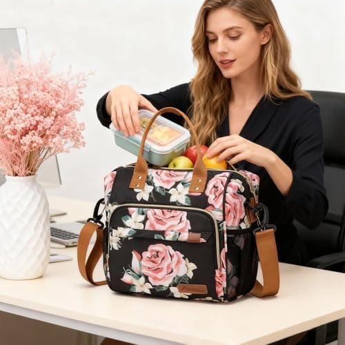 TuErCao Lunch Box for Women Adult Insulated Lunch Bag for Female Teacher Nurse Mom, Fashion Ladies Lunch Tote Bag for Work, Peony
