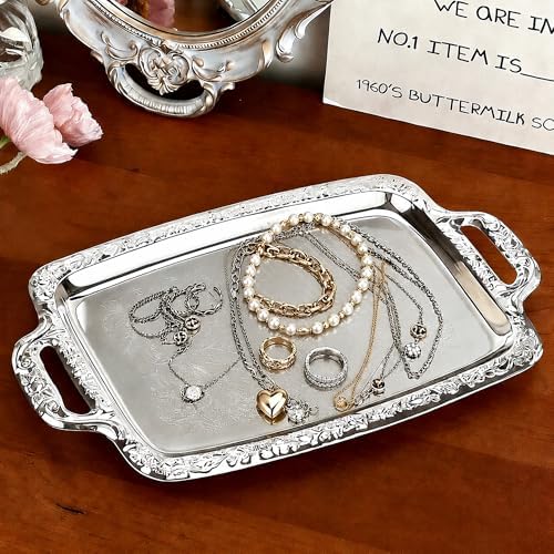 4-Pack Large Rectangle Silver Serving Trays, 15.4" x 9.3" Stainless Steel Mirror Finish Platters for Party, Wedding, Buffet, Dessert, Appetizer and Catering Display