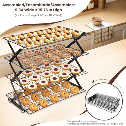 2/3/4-Tier Collapsible Cooling Rack for Baking,Folding Cooling Grid,Adjustable Stackable Roasting Cooking Drying Wire Cooling Rack for Cookies Baking