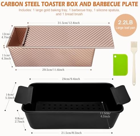Pullman Loaf Pan with Lid + Non-Stick Meatloaf Pan with Draining Insert, Carbon Steel Bakeware with Scraper & Brush, 2LB Baking Pans for Homemade Bread & Meatloaf