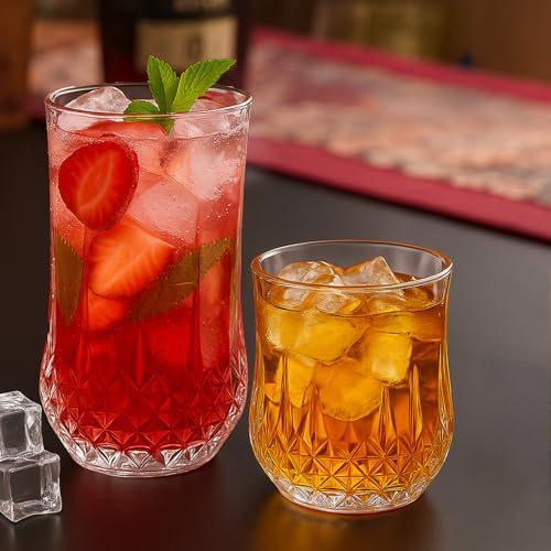 Ruckae Drinking Glasses Set of 8, Clear Curvature Glass Cups, 11 oz & 7 oz