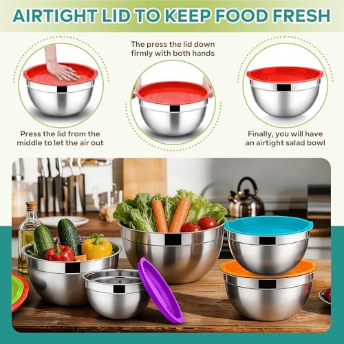 E-far Mixing Bowls with Lids Set, Stainless Steel Salad Bowls, Colorful