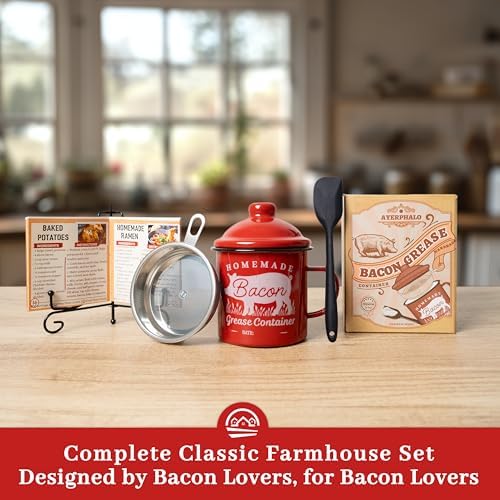 Ayerphalo Bacon Grease Container with Strainer - With Food-Grade Silicone Spatula, 24oz Enamel Rustic Farmhouse Fat Container, Keeper, Recipes, Dishwasher Safe