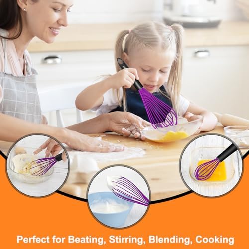 HOTEC 4 Pieces Silicone Whisks Set, Wire Balloon Whisks for cooking Egg Beater, Non-slip Handle Whisk for Non-stick Cookware Perfect for Cooking, Stirring, Beating and Blending,Purple
