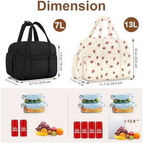 KUBYA Corduroy Lunch Box Lunch Bag for Women Men, Cute Strawberry Small Insulated Reusable Work Leakproof Simple Lunch Boxes Tote Bag Adults Cooler Bag