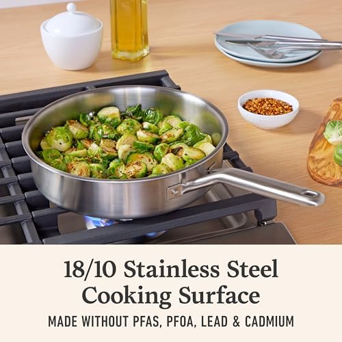 Calphalon Brushed 3-Ply Stainless Steel Cookware Set w/Turbo Heat Tech 3Qt Sauté Pan with Lid, Induction, Oven Safe 450F, Brushed Stainless Silver