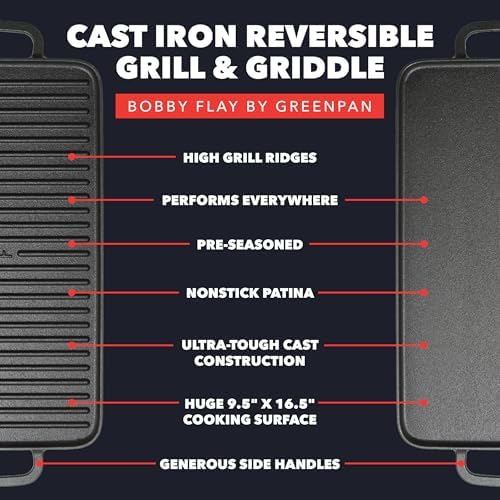 GreenPan x Bobby Flay 16.5 x 9.5 Cast Iron Reversible Double Burner Griddle