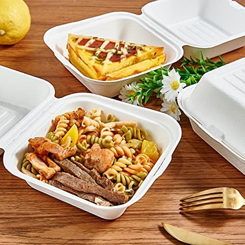 ECOLipak 200 Pack Clamshell Take Out Food Containers, 100% Compostable Disposable To Go Containers,6 * 6 inch To Go Boxes for Salad, Cake,Sandwiches