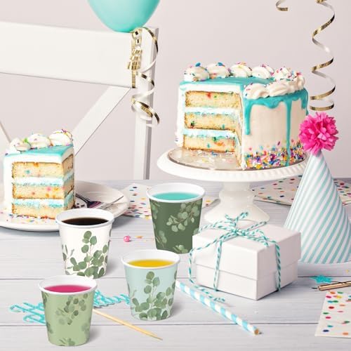 RUSPEPA 3 oz Bathroom Cups, Kids Disposable Paper Cups - 100 Pack Set Eucalyptus Leaf Printed - Mini Mouthwash Rinse Paper Cups for Home Bathroom, Picnic, BBQ, Travel and Party