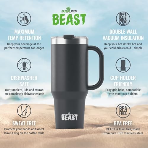 50oz Tumbler with Handle and Straw - Large Insulated Travel Mug for Water, Hot and Iced Coffee - Leak Resistant Stainless Steel Insulated Tumbler with Lid - Gifts for Mom, Women and Men (Matte Black)