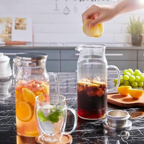 Bivvclaz 1.2 Liter 40 oz Small Glass Pitcher with Lid and Handle, Glass Carafe for Hot/Cold Water, Iced Tea Jug for Coffee, Juice and Homemade Beverage (Pack of 2)