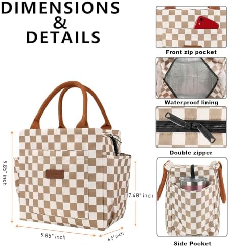 Joymee Lunch Bag Women, Reusable Leakproof Cooler Tote - Checker Brown