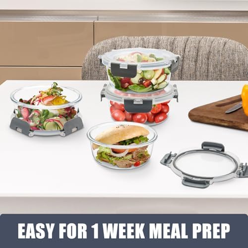 6 Pack, 21oz Round Glass Food Storage Containers with Airtight Lids, Grey