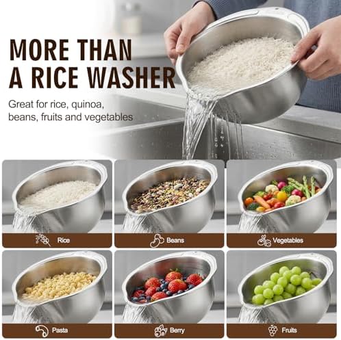 Palksky Rice Strainer & Rice Washing Bowl Stainless Steel - 5.6 Qt Professional Fine Mesh Rice Washer for Kitchen - Heavy Duty Rice Rinser, Cleaner & Drainer Colander for Quinoa, Grains & Fruit