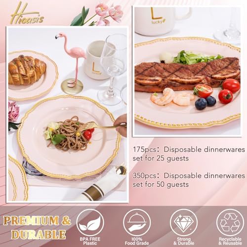 Hioasis 350 Pcs Pink and Gold Plastic Plates for Wedding & Party