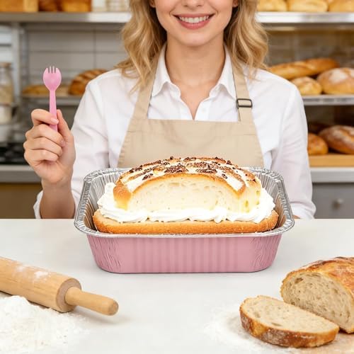 (35-Pack) Pink 8x8 Inch Disposable Aluminum Pans with Plastic Lids,Stickers and Cake Spoons,Square Cake Pans for Parties,Baking Trays,Foil Pans for Holiday Cooking, Parties Meal Prep, Storage