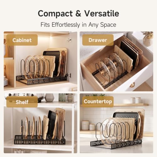 MUDEELA Pot Lid Organizer for Cabinet, Adjustable Baking Pan Rack 7 Slots