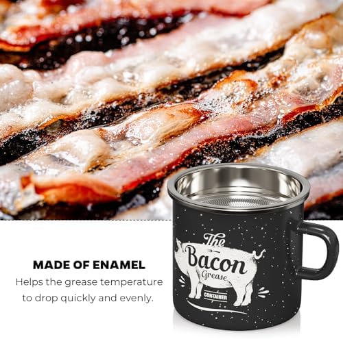 Bacon Grease Container with Strainer-15OZ Enamel Saver, Dishwasher Safe