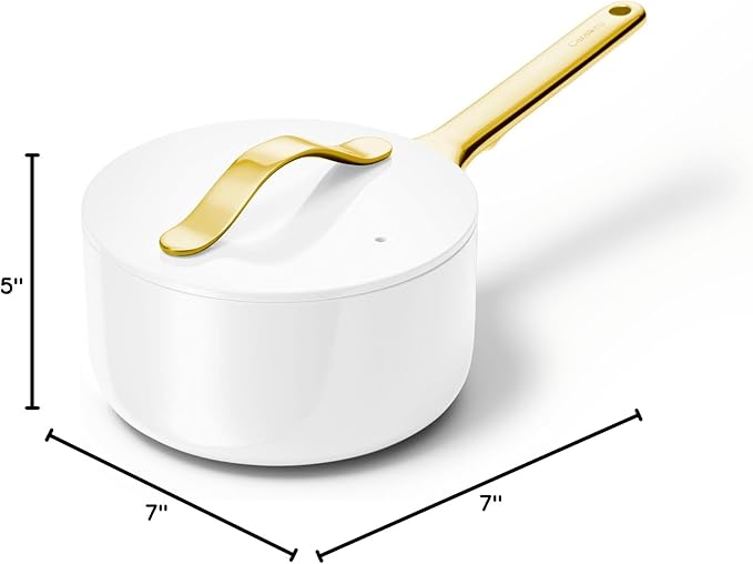 Caraway Nonstick Ceramic Sauce Pan with Lid (1.75 qt) - Non Toxic, PTFE & PFOA Free - Oven Safe & Compatible with All Stovetops (Gas, Electric & Induction) - White
