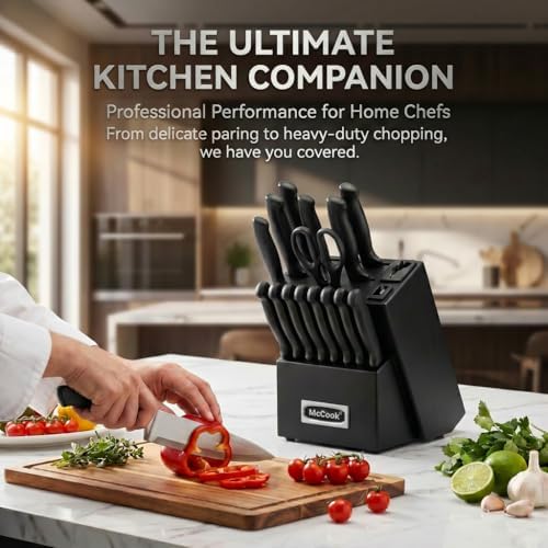 McCook® Premium Black Knife Sets,German Stainless Steel Kitchen Knives Block Set with Built-in Sharpener, 20-Piece Razor-Sharp Kitchen Knives with Ergonomic Handles, Elegant Box for Gift, Black