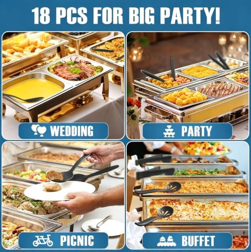Reusable Plastic Serving Utensils Set of 18, Wheat straw Large Serving set 10" Serving Spoons/10" Slotted Spoons/9.4" Tongs, for Party Chafing Dish Buffet Catering (Black, Not for Cooking)