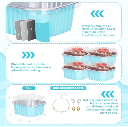 30Pack 5oz Blue Mini Cake Pans with Lids and Spoons Baking Cups Aluminum Foil Pans Tins, Individual Dessert Cups Containers for Sales,Party,Picnics