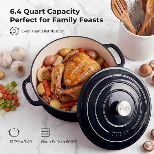 Zulay Kitchen 6.4 Quart Enameled Cast Iron Dutch Oven Pot with Lid – Premium Durability & Oven Safe up to 500°F – Heavy Duty Cookware Perfect for Bread Baking, Stews, Braising & Roasting - Black
