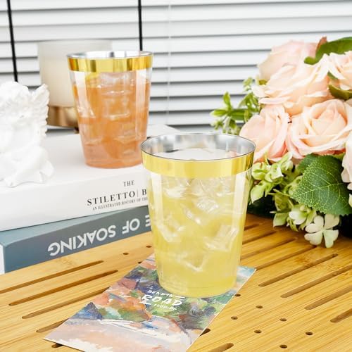 I00000 60 Pack Gold Plastic Cups, 10 OZ Clear Plastic Cups