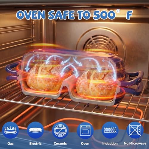 Double Dutch Oven Pot with Lid, 2.2QT Enameled Cast Iron Bread Loaf Pan, Mini Dutch Oven For Sourdough Bread Baking, 500°F Oven Safe Non Stick Dual Round Bread Pan, Bread Oven, 16.5cm Diameter, Blue