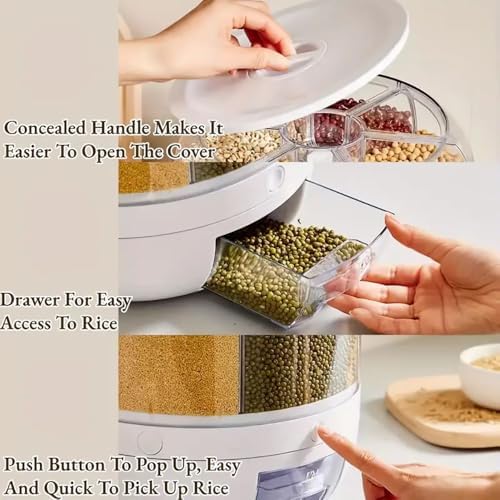 Rotating grain storage container,rice dispenser,6-compartment rice container, 360° rotating food dispenser One-Click Output rice Storage Round Grain Dispenser Kitchen for Grains, Beans, Rice.