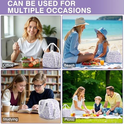 TESAFNG Lunch Bag - Insulated Lunch Box for Women, Reusable Large Capacity Cooler Bag for Adult, Small Leakproof Cute Corduroy Lunch Tote for Work Office Travel Picnic (Corduroy Purple-Flower)