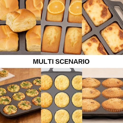 Flavehc Cast Iron Muffin Pans 12 Cup and Cast Iron Mini Loaf Pans 8 Cavity Regular Size Cupcake Pan Pre-Seasoned Loaf Pans Molds for Baking