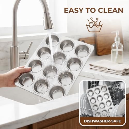 LIANYU 12 Cup Muffin Pan Tin for Baking, 4 Pack Stainless Steel Cupcake Pan