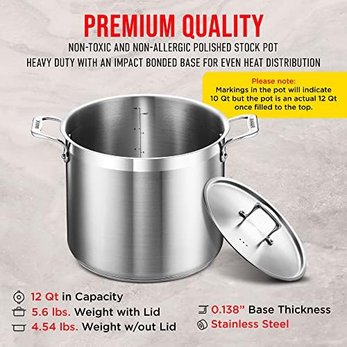 Stainless Steel Stockpot with Lid 12 Quart, Durable 18/8 Stainless Steel, Impact-Bonded Base for Even Heating, Riveted Handles, Oven & All Stove Compatible, Safe Up To 500°F (260°C)