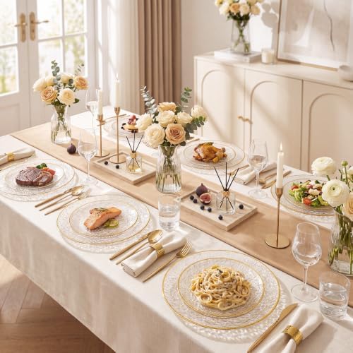 Rubtlamp 60Pcs Clear Gold Plastic Plates, Gold Glitter Disposable Plates, Hammered Plastic Plates Included 30 Dinner Plate And 30 Dessert Plates for Party